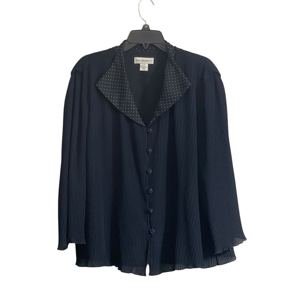 Anna Maxwell Sz 22W Pleated Blouse Navy Blue Chiffon Polka Dot Collar Career
